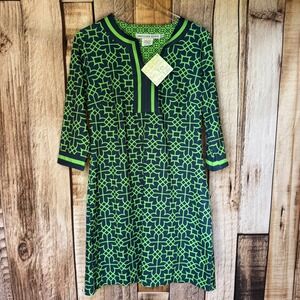 Gretchen Scott Split Neck Dress Bombay Taj Green Navy Medium Resort Preppy NWT